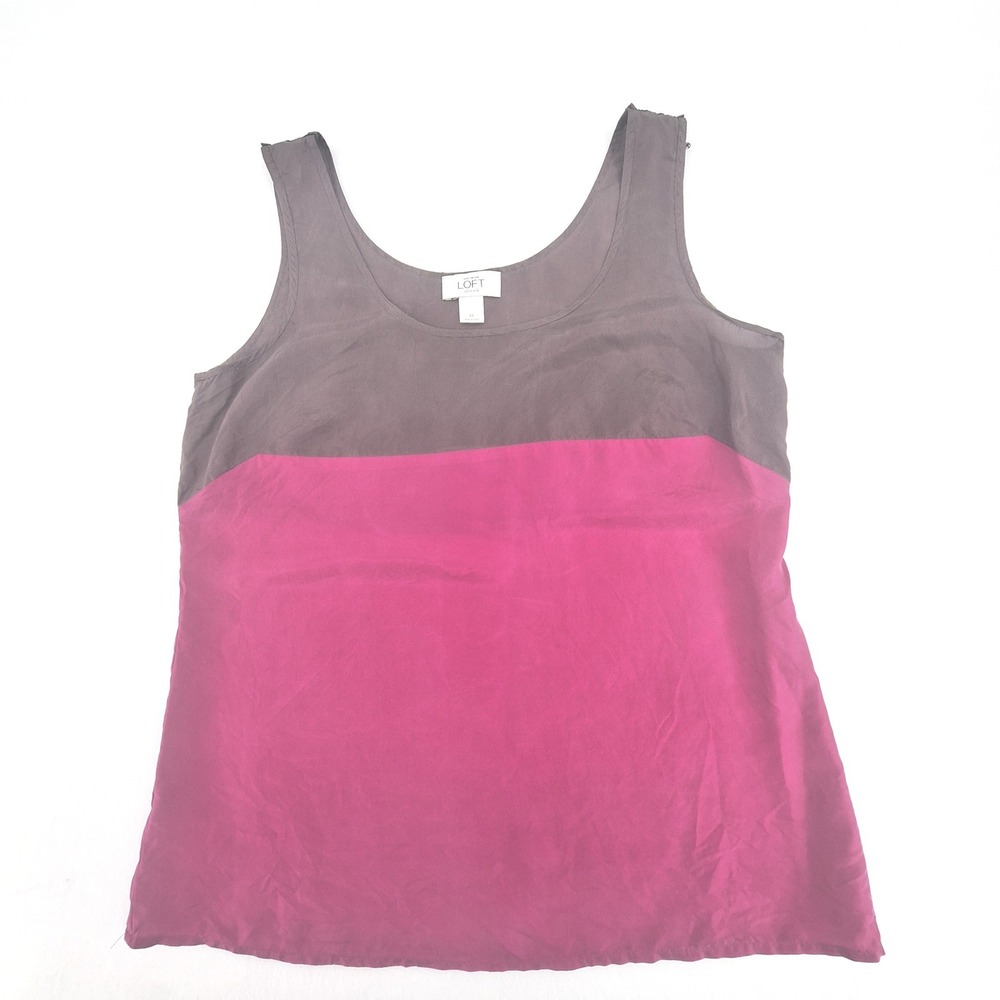 Ann Taylor LOFT Tank Top Womens Medium Magenta Pink Taupe Silk Colorblock Blouse
